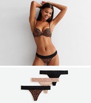 New Look 3 Pack Black Brown and Leopard Print Lace Trim Thongs